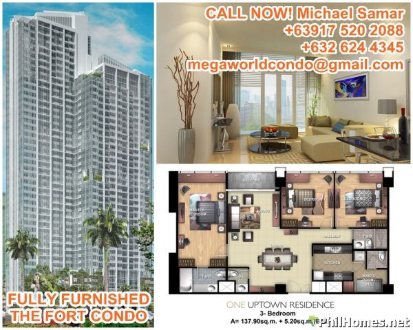 3 Bed Unit (137.90 + 5.20 sqm Balcony) ONE UPTOWN CONDO - P15,000