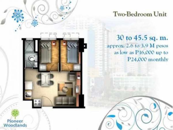 PIONEER WOODLANDS- CONDO IN MAKATI NEAR BONI MRT, ORTIGAS AND MAKATI. 2BR 36SQM 14K/MO. 5% DISC. RENT TO OWN CONDO @ NO DOWNPAYMENT! CALL 09178562416